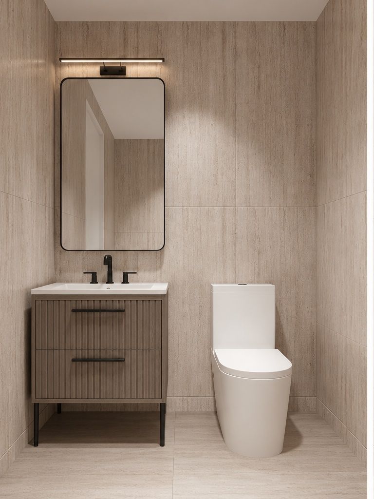 Powder room with gray-oak vanity